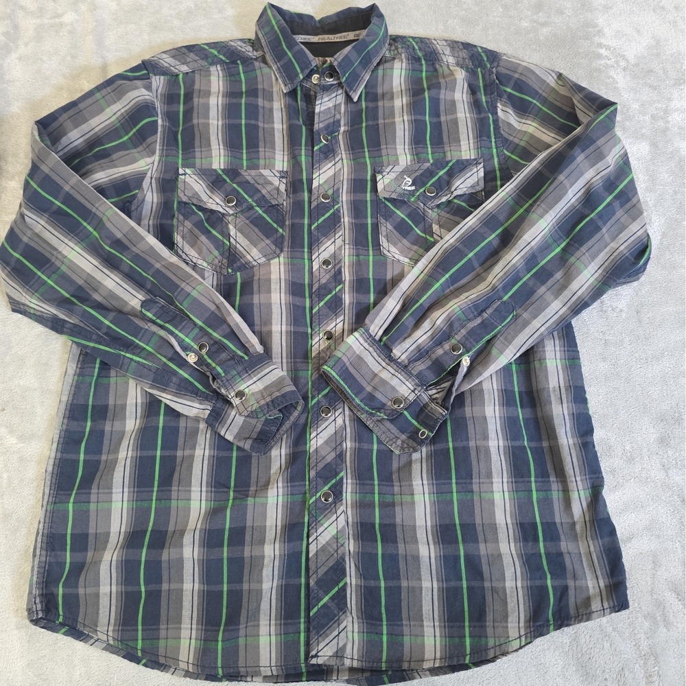 Realtree Shirt Mens Medium Blue Gray Plaid Pearl Snap Long Sleeve Pockets